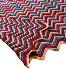 Vintage Granny Chevron Patriotic Knit Handmade Crochet Afghan Lap Blanket Throw picture