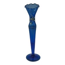 Vintage Cobalt Blue Hand Painted Bud Vase Delicate Flowers 8¼