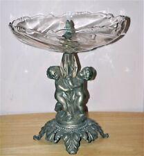 Vintage 60’s Glass & Cast Metal Pedestal Nude Cherub Fruit Centerpiece Dish tray picture