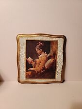Vtg Florentine Toleware White Gold Wood Wall Plaque Beautiful Girl Reads Book picture
