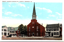 Vintage WB Postcard~Manheim Pa~Trinity United Evangelical Church~Houses~Old Car picture