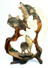Howling 3 Wolf Head Bust Faux Carved Wood Look Figurine 12