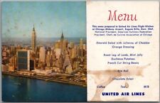 c1950s UNITED AIR LINES Postcard MENU Card / NYC Manhattan Skyline View *Stained picture