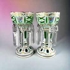 Antique BOHEMIAN Cut To Green Mantle Lusters-PAIR MAGNIFICENT Czech Art Glass picture