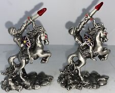 VTG Unbranded Heavy Pewter Knights On Stallions Jeweled Shield Statue Set/2 3.5” picture