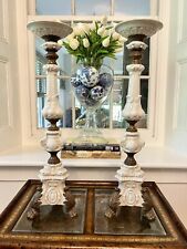 Pair Of Chinoiserie White Porcelain Bronze Paw Foot Pricket Tall Candlesticks  picture