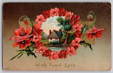 Vintage with Fond Love pink flowers wreath cottage scene embossed Postcard picture