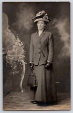Edwardian Pretty Lady Big Hat Gloves Purse Studio Real Photo RPPC Postcard 1910s picture