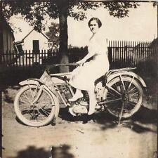 1910s Snapshot Photo Woman In Dress Sitting POPE MOTORCYCLE flag GREAT SHOT rare picture