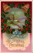 Vintage C. 1910 Glossy Joyous Christmas Postcard Holly Wreath Gold Bells Church picture