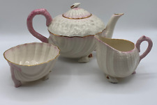 Belleek Pink Neptune Shell Tea Set Sugar Bowl & Creamer Gold Trim 4 pieces picture