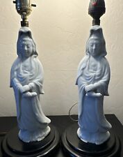 Pair Of Ceramic Lamps- Quan Yin Goddess of Mercy  12 Inch On Wooden Base Vintage picture