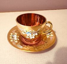 Bohemian Czech Republic Cup & Saucer 24k Gold Gilded Enamel Floral Red Glass picture