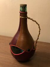 VTG Viresa Green Glass Bottle Leather Wrapped w/ Snaps Gold Wire Wrapped Handle picture