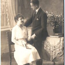 c1910s Lovely Young Lady w Book Handsome Man RPPC Couple Romance Real Photo A138 picture