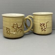 Pottery Coffee Mug Cat Chasing a Mouse Hand Painted Lot of 2 Vintage Pair 3.5
