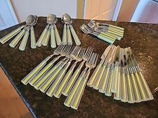 VTG 39 Pc Frosted Clear w/Lime Stripe Acrylic Stainless Flatware Silverware Svc8 picture