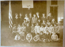Antique Class Photo Patriotic US Flag Cute Teacher Girl w/Lazy Eye Glasses 1927 picture
