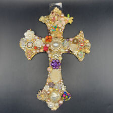 Handmade Jewelry Cross Wall Hanging Decor Repurposed Vintage Christian Floral picture