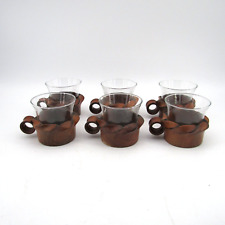 Vintage 1960s West Germany 6 Wood Teak Holders With Glass Tea Cups picture