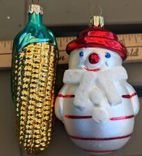 Vtg Blown Glass CORN COB Poland Christmas Ornament & German Snowman Set Pair picture