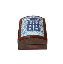 Chinese Old White Base Blue Double Happiness Porcelain Art Lacquer Box ws3883 picture
