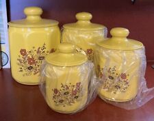 Vintage NOS 1970s Kromex Yellow Aluminum Nesting Canisters Set Of 4 Flowers  picture