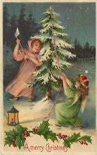 Embossed Christmas Postcard B.W. 296 Angel Helps Girl with Axe Chop Down Tree picture