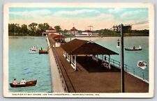 Bay Shore Pier on Chesapeake Baltimore MD 1923 Postcard Boaters Covered Benches picture