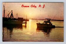 Ocean City NJ-New Jersey, Harbor Sunset View, Fishing Boats, Vintage Postcard picture