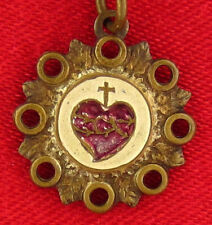 Vintage Red Enamal SACRED HEART OF JESUS Medal On Small Pin Italy Religious Tiny picture