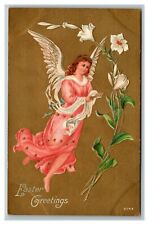 Vintage 1910's Easter Postcard White Winged Angel Pink Robes Large White Flowers picture