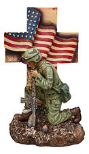 Military War Hero Soldier With Rifle By American Flag Cross Memorial Figurine picture