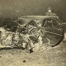 Vintage B&W Press Photograph Super Smashed Wrecked Odd Car Police picture