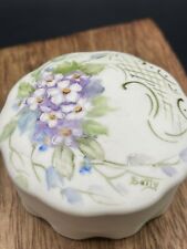 Vintage Hand-Painted Porcelain Trinket Box With Purple Florals, Signed picture