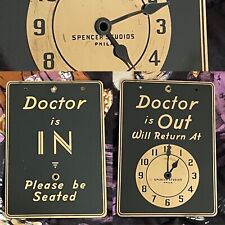 Vtg Art Deco Double Sided Brass & Enamel DOCTOR IN & OUT OFFICE HOURS CLOCK SIGN picture