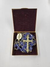 Vintage Virgil Mary Gold Tone Box With Blue Beads Rosary. Nice Set picture