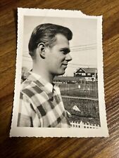 1950s B&W Vintage Photo Beefcake Man in Plaid Profile on Farm Gay interest M4 picture