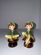 Vintage 1950's Enesco Pixie Elves Sitting on Mushrooms Salt and Pepper Shakers picture