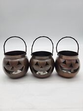 Vintage Set of 3 Hosley USA Copper Tone Jack-O-Lantern Tealight Candle Holders picture