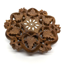 Small Teak Wood Trivet Vintage Made India 5” x 5” Hand Carved Inset Candle Stand picture