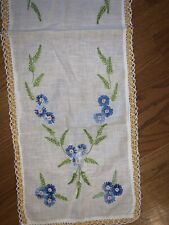 Antique BLUE DAHLIA Linen Cross Stitch Needle Point Table Runner 11.5x35 ❤️tb11j picture