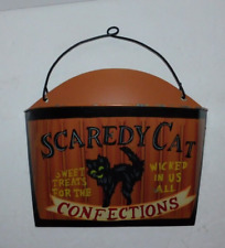 NEAT HALLOWEEN TIN WALL POCKET HOLDER SCAREDY CAT CONFECTIONS BLACK CAT DESIGN picture
