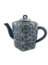 Reticulated Asian PORCELAIN Diamond Shape Teapot Candle Holder Blue on White picture