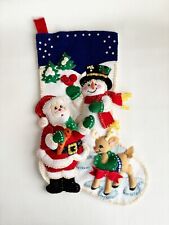 Finished Bucilla Felt Sequin Christmas Stocking Santa Snowman Rudolph VTG 90s picture