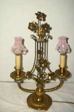 FRENCH CANDELABRA LAMP BRONZE ORMOLU FLOWERS LYRE HARP GLASS BEAD BULB COVERS picture