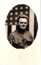Soldier Portrait American Flag Backdrop US Army 1920s RPPC Postcard Post WW1 picture