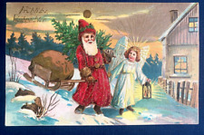 Fancy Long Red Robe Santa Claus with Angel Sled German~Christmas Postcard~k343 picture