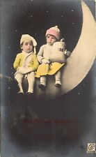 RPPC Hand-Colored Children on Paper Moon w/ Bag of Money, German Happy New Year picture