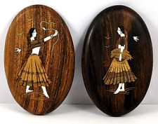 Vintage Pair Rosewood Marquetry Women Of India Wall Hanging Plaques picture